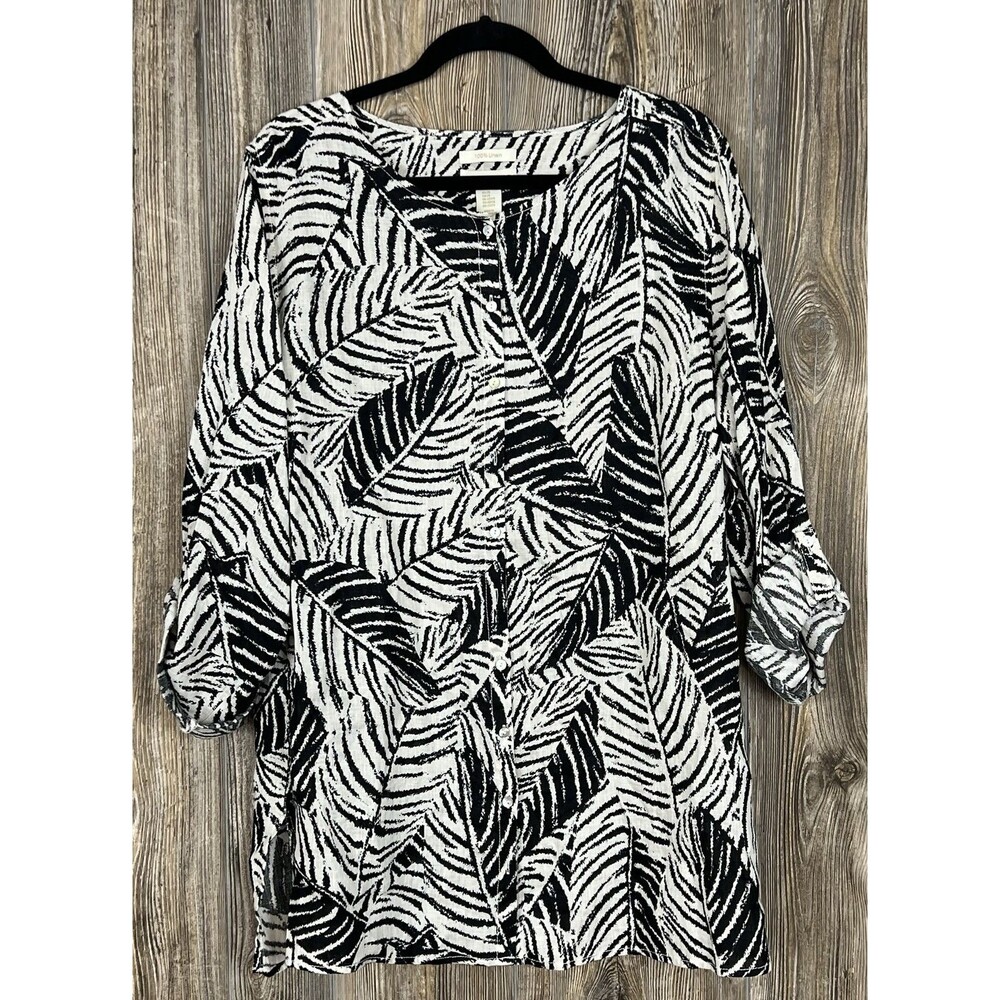 Cynthia Rowley Linen‎ Blouse 2XL Black White Leaf Roll Tab Sleeve Button Up